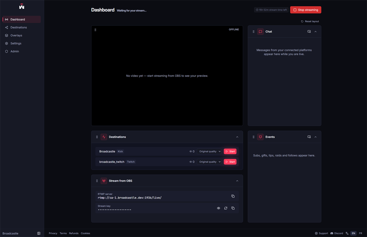 Broadcastle live dashboard with stream preview, destination controls, unified chat and events