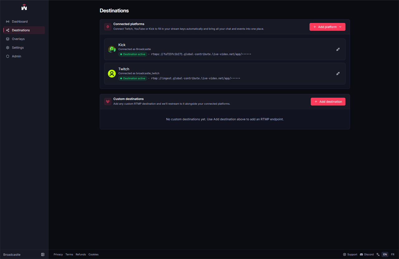 Broadcastle destinations page with connected Kick and Twitch accounts and custom RTMP controls