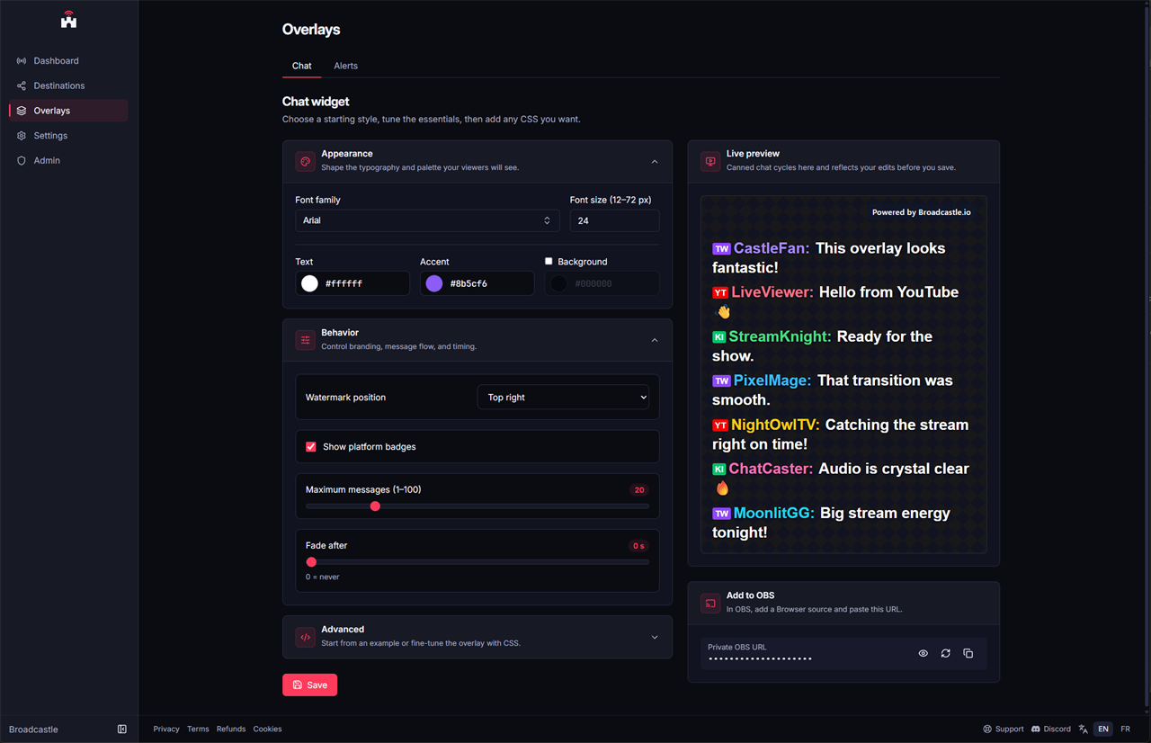 Broadcastle overlay editor with chat appearance settings and a unified cross-platform chat preview